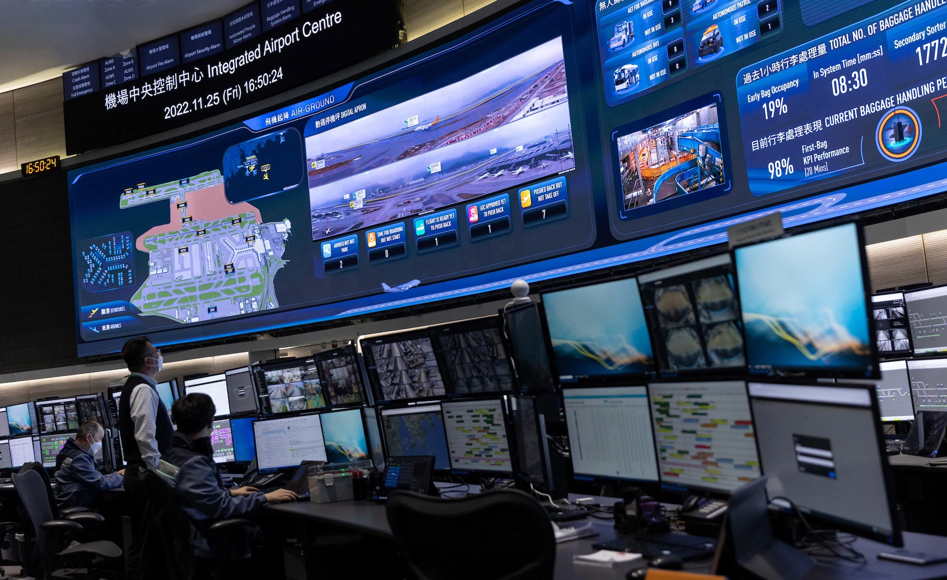 Installed Digital Apron wall showing airfield maps and operational information grouped into sections