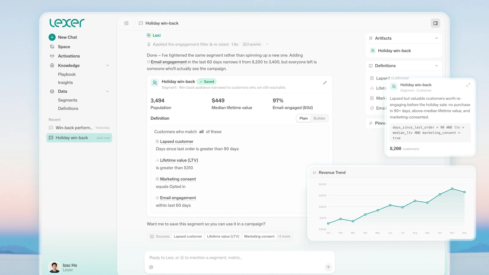 Lexer AI conversational workspace with customer segmentation and revenue insights