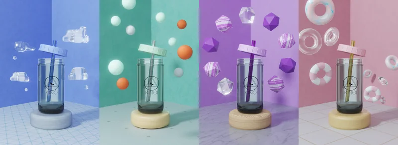Four bubble tea cups in blue, mint, purple and pink 3D scenes