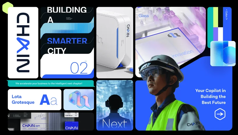 Chain identity with electric blue typography, glass forms and branded applications