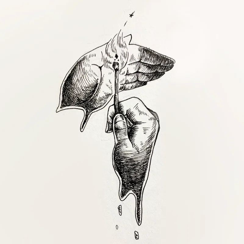 Hand-drawn ink illustration of hands holding a burning match