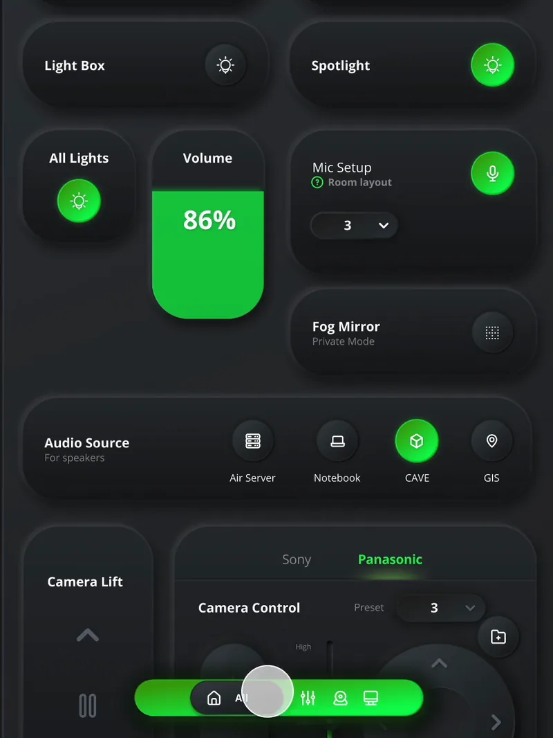 Dark meeting-room interface with lighting, audio and camera controls
