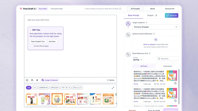 Social Post Automator interface with a post editor, AI prompting panel and media references