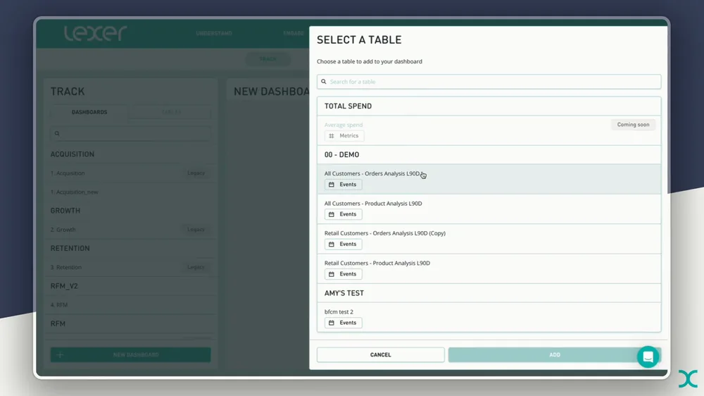 Select a table panel with existing demo tables ready to add to the dashboard