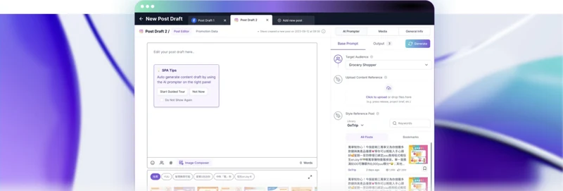 Social Post Automator interface with an editor and AI prompting panel